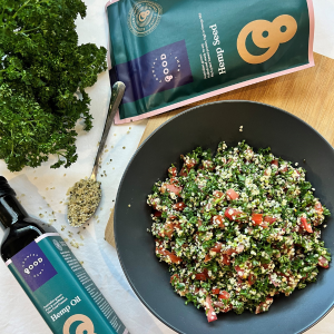 Hemp tabouleh. A fresh salad made with hulled hemp seed and hemp seed oil, tomato and parsley.