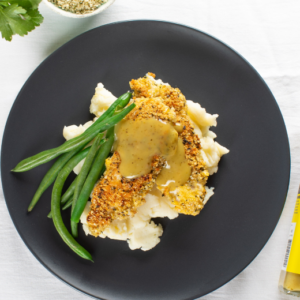 Cooking visual for super seed schnitzel using hemp seed.