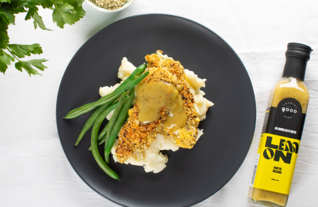 Cooking visual for super seed schnitzel using hemp seed.