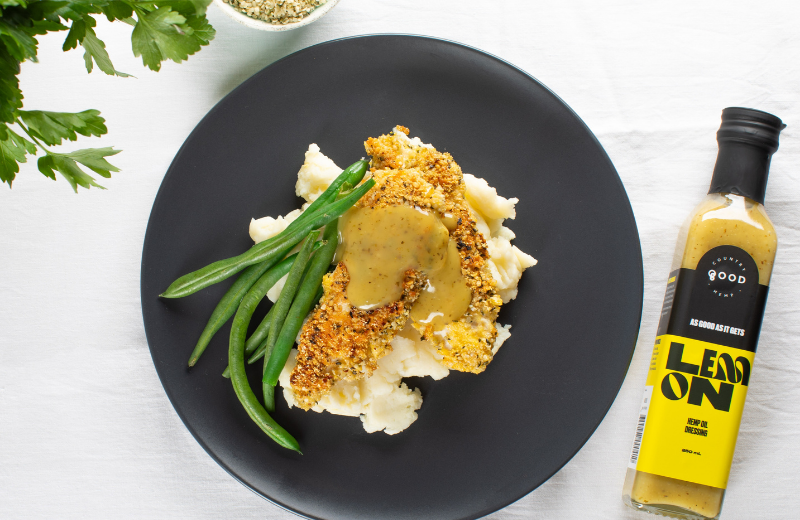 Cooking visual for super seed schnitzel using hemp seed.