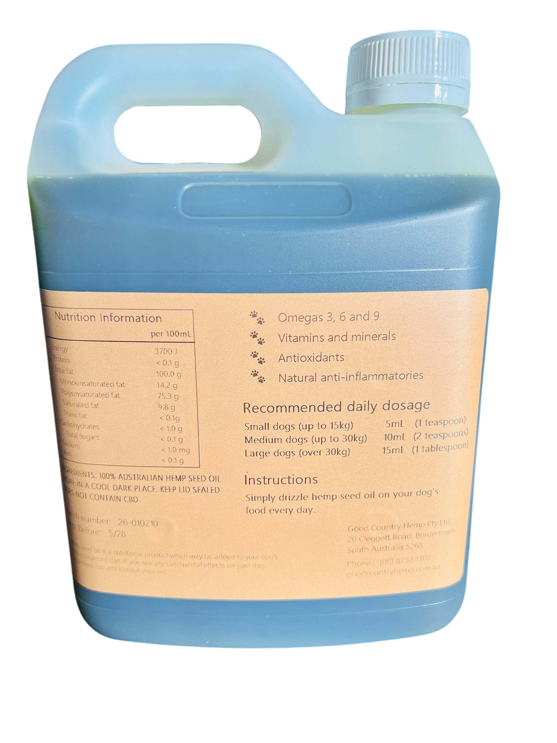 Hemp seed oil for dogs 2 litres, back